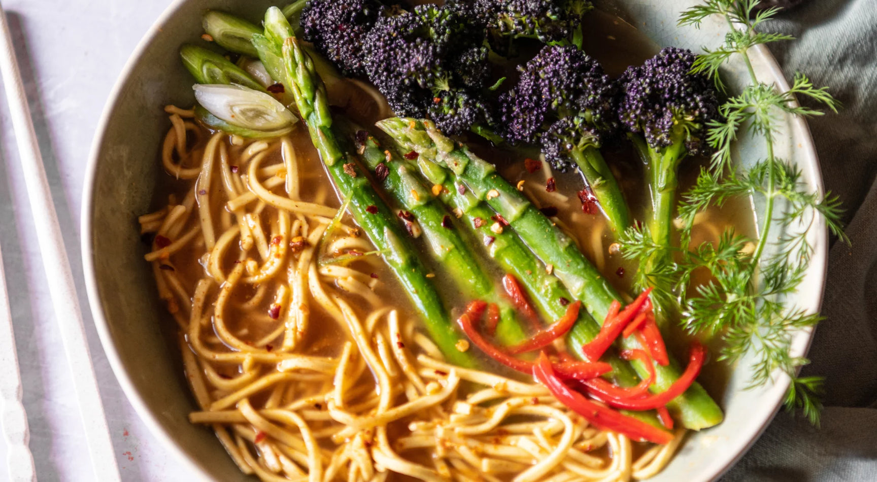 Recipe: Mellow Miso with Purple Sprouting Broccoli, Asparagus and an indulgent side of Gyoza and Spice Plum Sauce