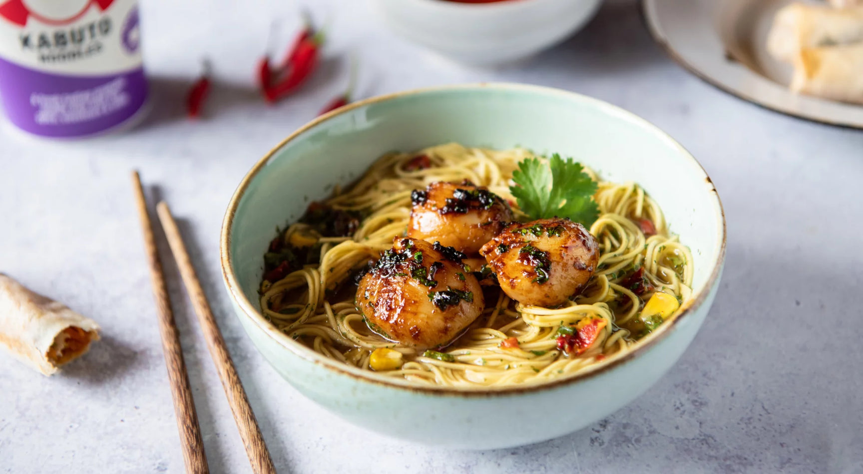 Recipe: Singapore Noodles with Seasonal Scallops, served with Lucky Prawn Spring Rolls and Lucky Red Dipping Sauce