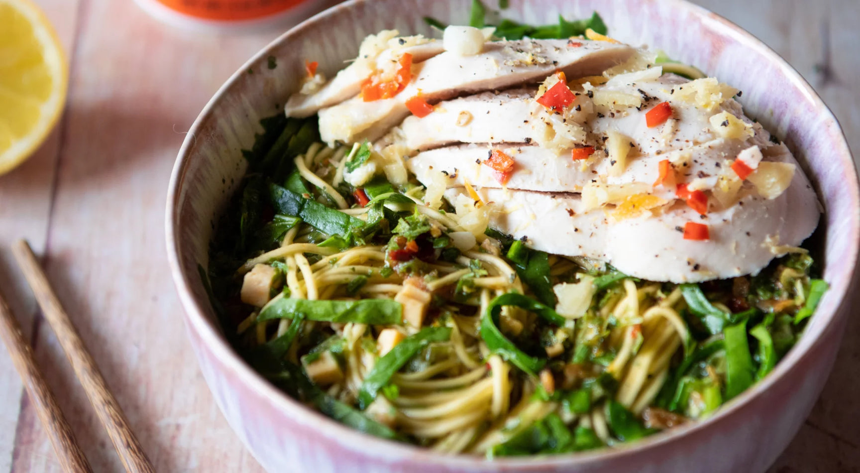 Recipe: Steaming Chicken Ramen Noodles with Poached Lemon Ginger Chicken and Spring Greens